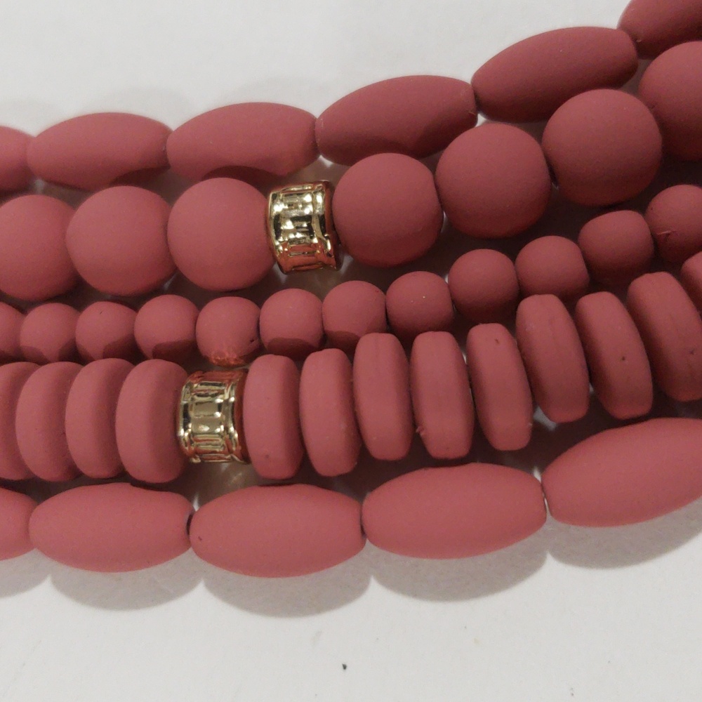 Matte Coral Multi-Strand Necklace & Earrings Set – Gold Beaded Layered Statement - Picture 3 of 13